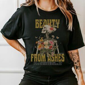 Beauty From Ashes Christian T-Shirt, Floral Skeleton Bible Verse Tee